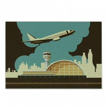 Airport Cutting Board, Retro Style Image Airfield Plane and Cityscape, Decorative Tempered Glass Cutting and Serving Board, in 3 Sizes, by Ambesonne