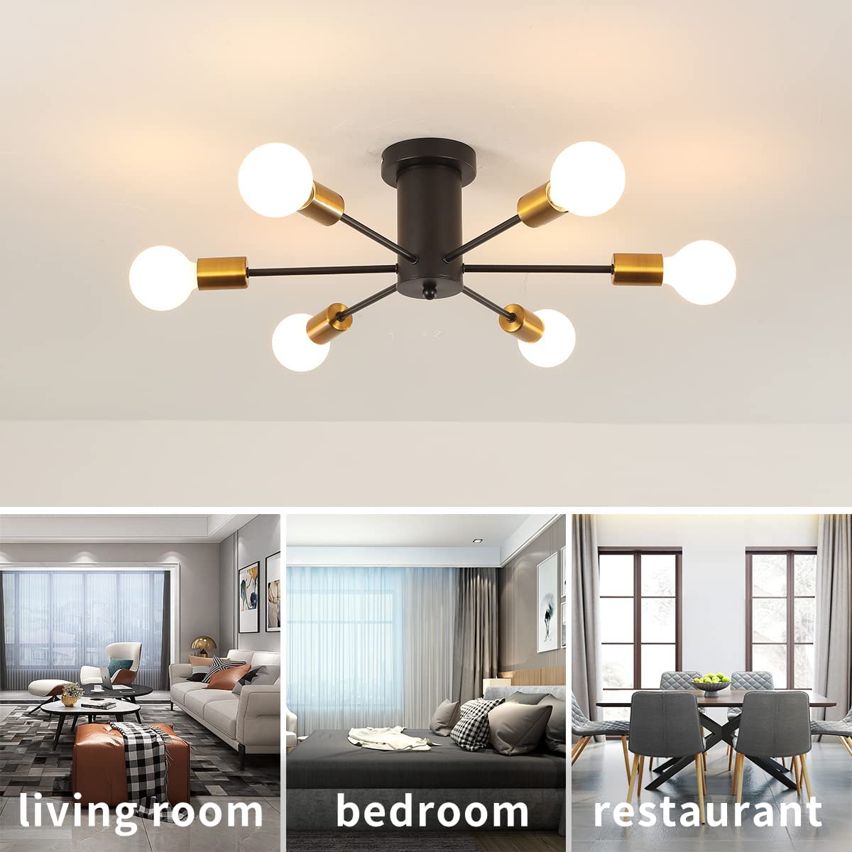Garwarm Mid Century Sputnik Chandelier, Modern Ceiling Light Fixture Industrial Semi Flush Mount Pendant Lighting for Kitchen Dining Room Bedroom Living Room Foyer (6-Lights, E26 Base)