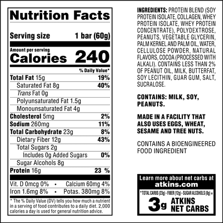 Atkins Chocolate Peanut Butter Protein Meal Bar, High Fiber, Low Sugar, Meal Replacement, Keto Friendly, 6/8 Packs