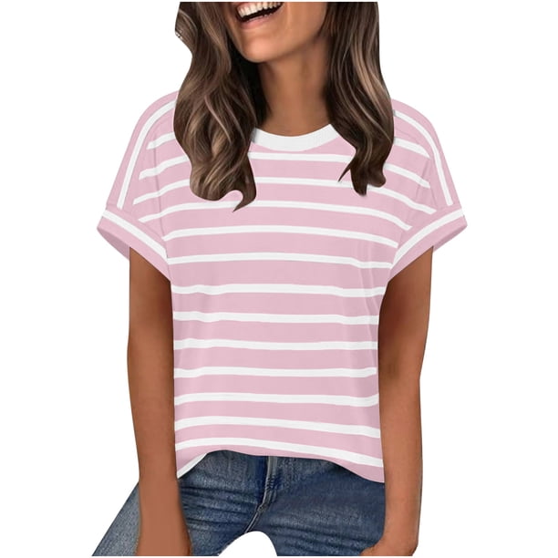 Camisas de Cuello en V de Manga Corta para las Mujeres Impresión de Rayas Blusa de Verano de Primavera de Moda, Camiseta de Mujer de Manga Corta