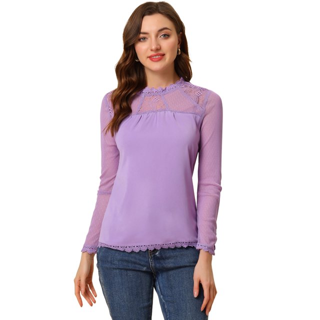 Unique Bargains Haut à Manches Longues en Mousseline à Col Rond en Dentelle Florale pour Femme