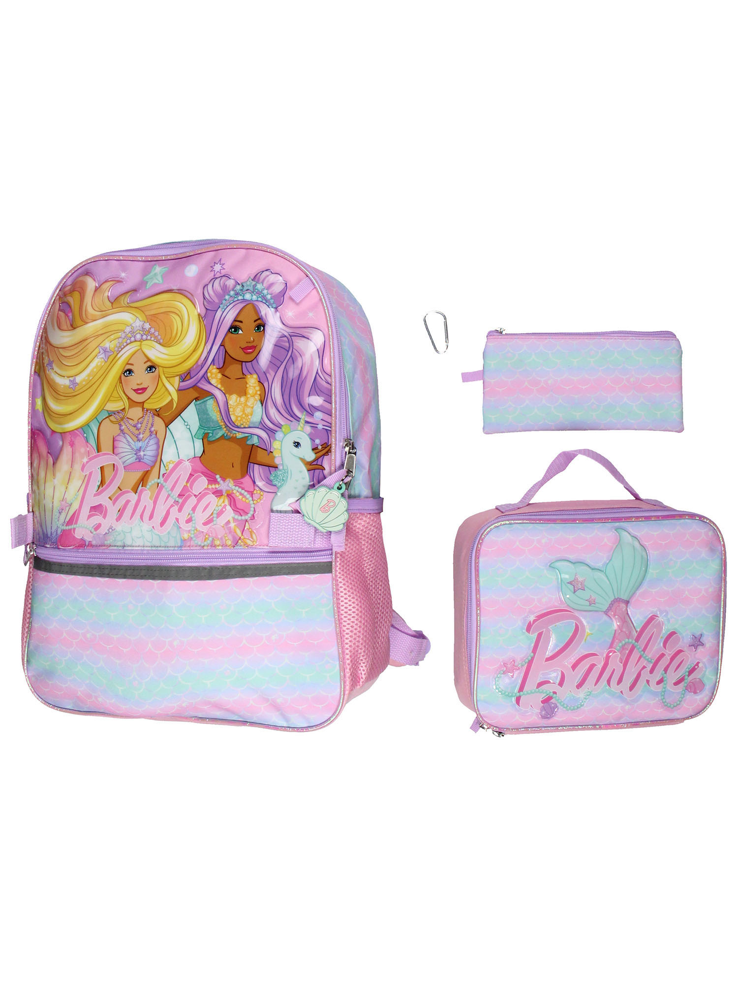 Barbie Mermaids 5-Piece 16" Girls Backpack School Lunch Bag Set with Gadget Case Carabiner and Rubber Zipper Dangle