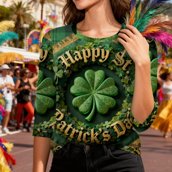 St Patricks Day 3/4 Sleeve Tops for Women Oversized Crewneck Irish Shamrocks Print Short Sleeve T Shirts Summer Casual Plus Size Round Neck Loose Comfy Tee Shirt