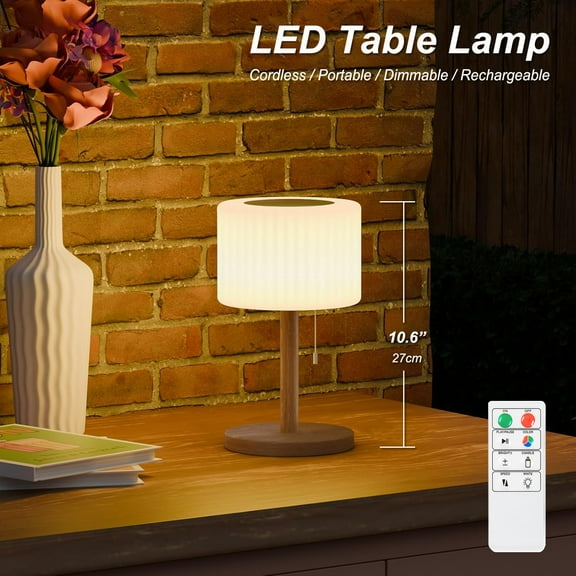 Postlucky 10" Portable LED Table Lamp Rechargeable, Pull Chain Cordless Outdoor Desk Light, Wooden Bracket, 8-color Dimmable