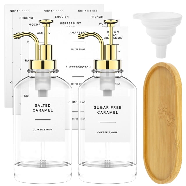 2 Pcs Coffee Syrup Dispenser Set with Bamboo Tray Reusable Glass Syrup Bottle with Labels Funnel Clear Syrup Pump Dispenser Glass Pump Dispenser Coffee Syrup Bottle for Coffee Bar Home 8.1x22cm