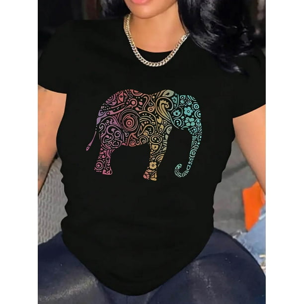 Creative Colorful Abstract Elephant Pattern Printed Women'S Fashion Trendy Round Neck Short Sleeve, Simple Casual Sports T-Shirt, Comfortable Summer Top for Holidays.