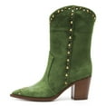 thumbnail image 2 of FSJ Women Cowgirl Rivet Mid Calf Boots Pointed Closed Toe Low Chunky Stacked Heel Studded Pull On Cowboy Country Vintage Shoes Size 10.5 Green, 2 of 4