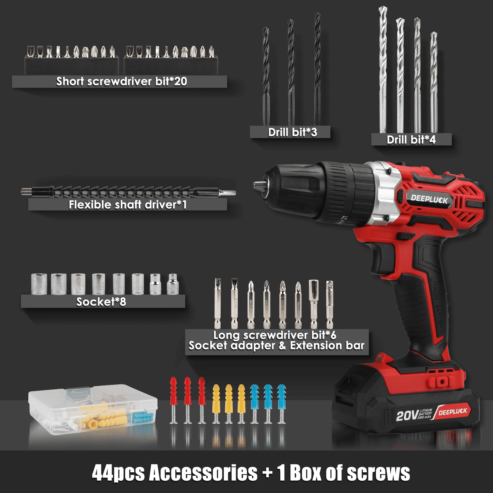 DEEPLUCK Cordless Drill Set, 20V Power Drill Kit with 2 X 2.0AH Battery, 44pcs Drill/Driver Bits, 1 Box Screws, Bubble Level, 3/8'' Chuck Electric Drill, 32NM, 21+3 Position, 2 Variable Speed