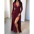 thumbnail image 5 of Female Long Sleeve Maxi Dress V Neck Wrap Waist Formal Long Cocktail Dresses Night Out Outfits Wine Red S, 5 of 8