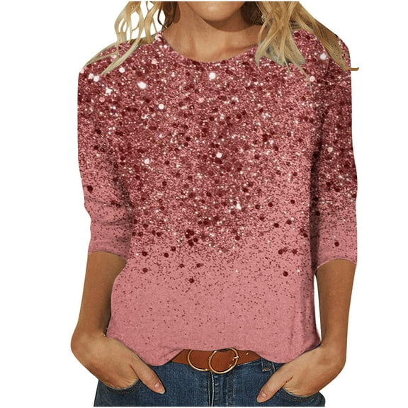 Mgmyaa Women's 3/4 Sleeve Top Loose Glitter Print Round Neck T-Shirt