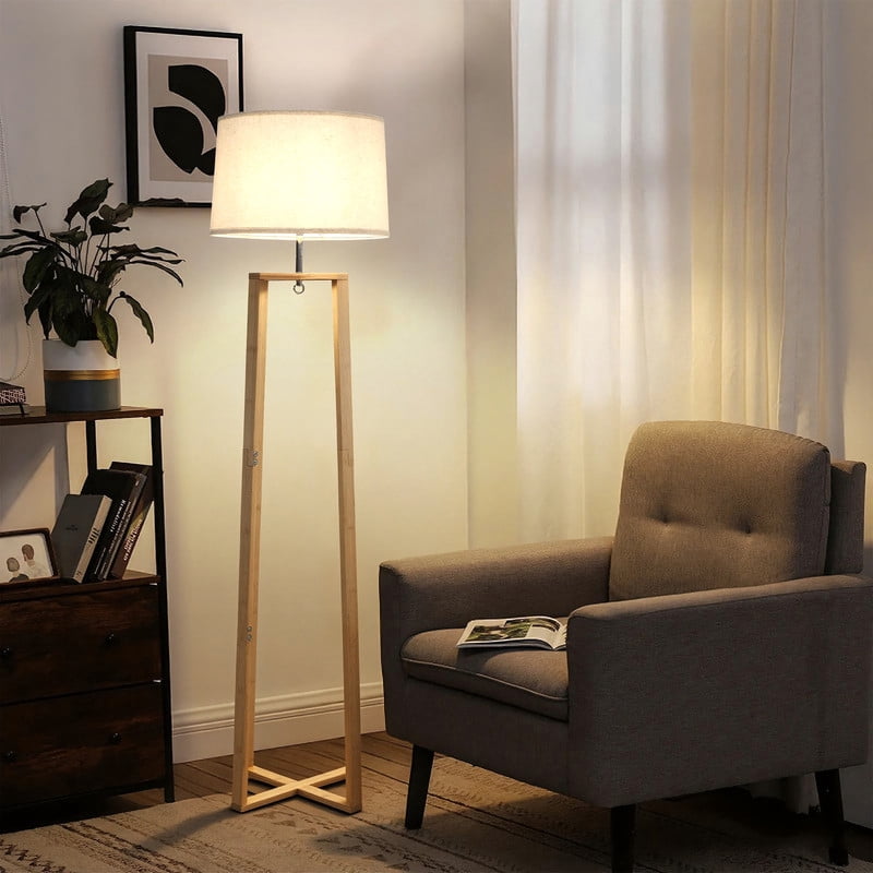 Booniture Bamboo Corner Floor Lamp for Living Room,Linen Shade Floor Lamps for Bedroom,Rustic Standing Lamp for Dining Room and House Décor with E26 Base Nature