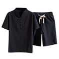 thumbnail image 2 of Edvintorg Men Short Sets Outfits 2 Piece Plus Size Men's Clothing Solid Color Casual V-Neck Beach Drawstring Short Sleeve Shirt Shorts Set Vacation Outfits Black XL, 2 of 5