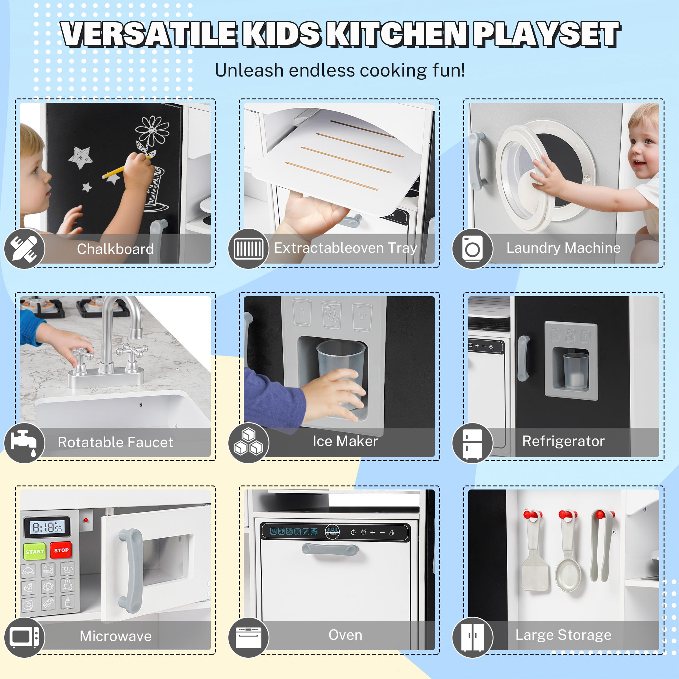 iYofe Play Kitchen Sets for Kids Ages 2+, Wood Kids Kitchen Playset for Toddlers with Real Lights & Sounds, Pretend Play Toys Kitchen with Cookware Accessories, White