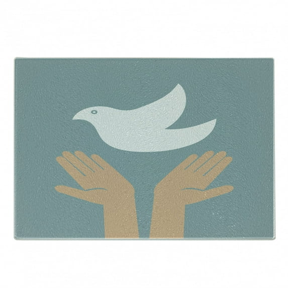 Hippie Cutting Board, Dove of Peace Flying Above Hands for World Peace Theme Vintage Style, Decorative Tempered Glass Cutting and Serving Board, Small Size, Slate Blue White and Tan, by Ambesonne