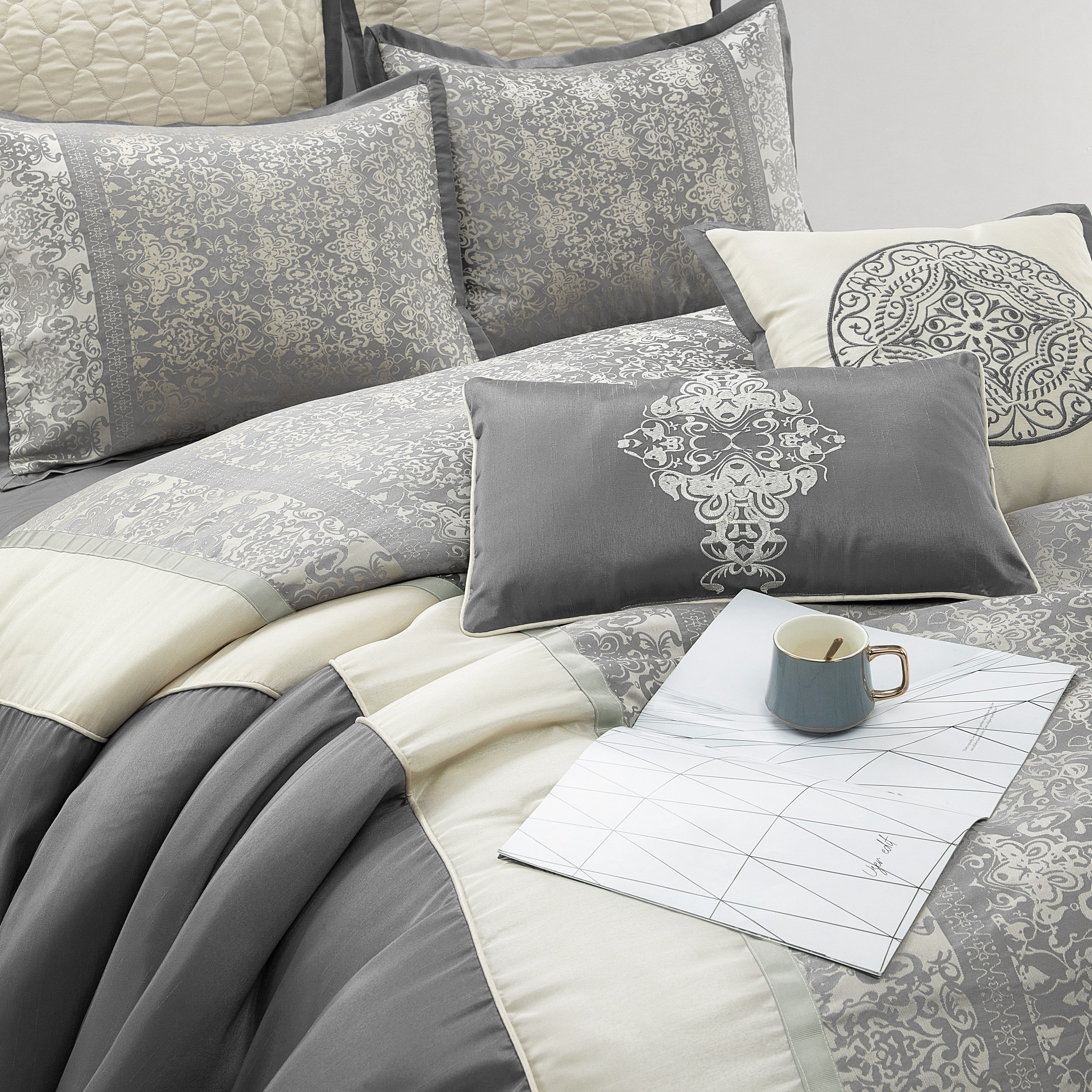 Lanco Damask 8 Piece Comforter Set, Silver/Ivory, King, Fill Polyester, Patchwork