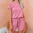 thumbnail image 2 of Annhoo Womens Summer Short Sleeve Rompers Solid Color Crewneck Drawstring Jumpsuit 1 Piece Outfits with Pockets, 2 of 5
