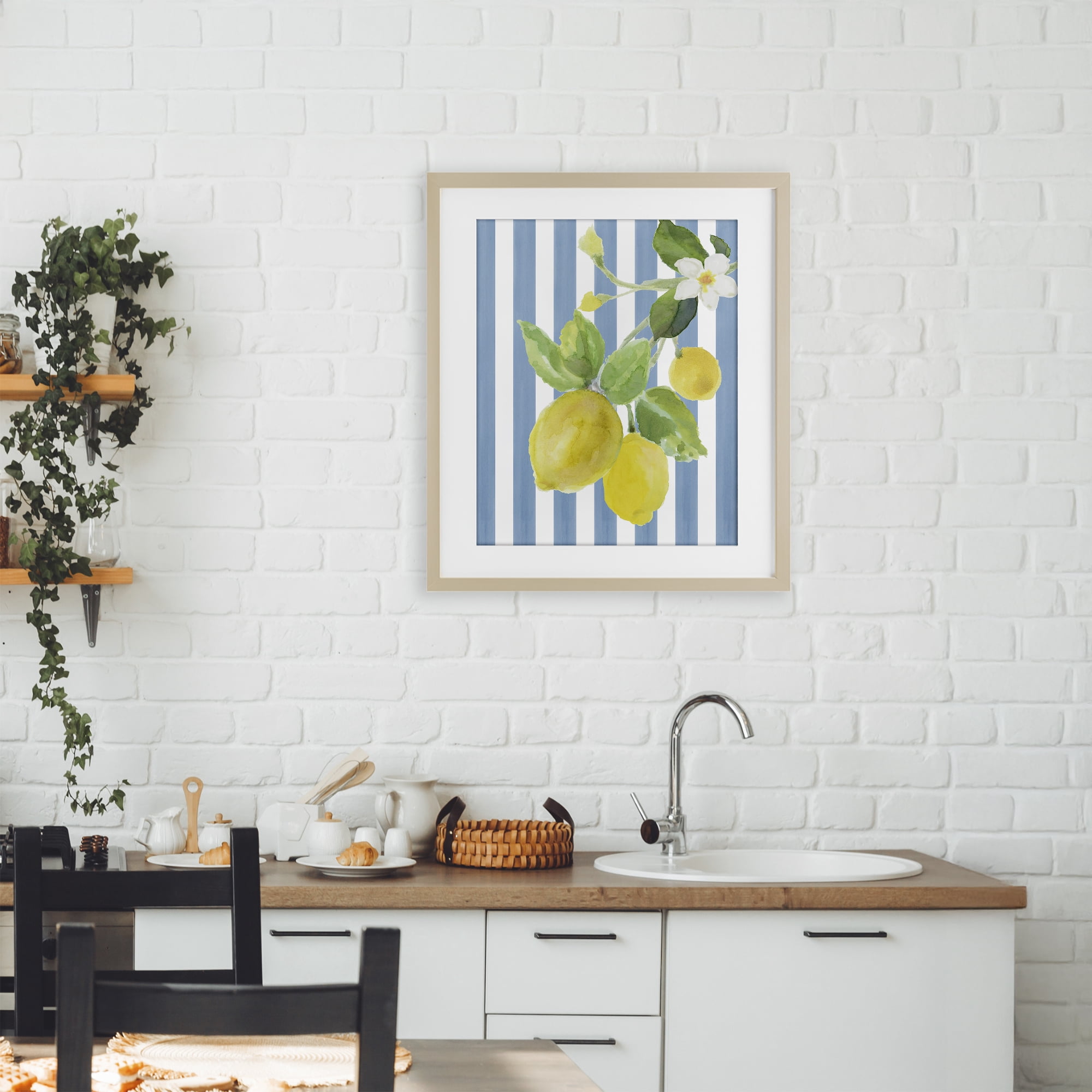 Stupell Industries Lemon Blossom on Blue Stripes Birch Framed Print Under Glass, design by Lanie Loreth