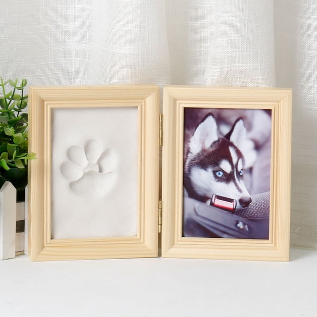 Marco de fotos con almohadilla de tinta de madera maciza con huella de mano y pie de perro y gato para mascotas, producto de recuerdo, mesa de madera maciza para mascotas