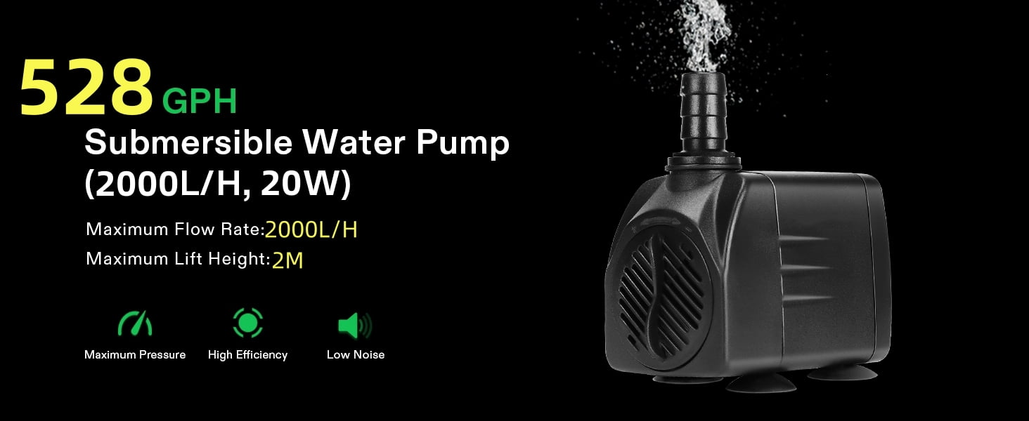 Submersible Pump 110V 2000L/H 20W, Max Lift 2M, with 3 Nozzles & 6 Suction Cups for Aquarium, Hydroponics, Water Feature