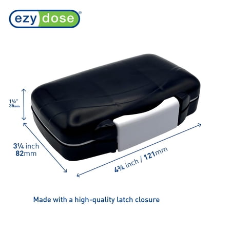 Ezy Dose Moisture-Proof Pill Organizer, Travel-Friendly, Latch-Closure to Secure Contents, 4 Individual Compartments of Multiple Sizes with Tight Seal, Medium, Black