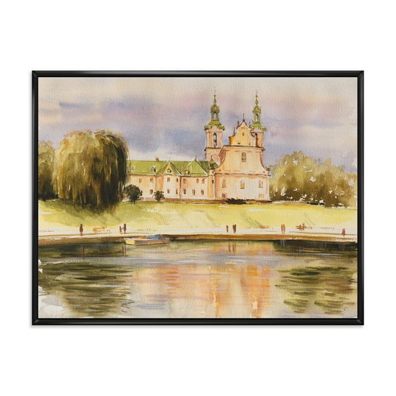 Designart 'Historical Church On The Rock On Banks of The River' Lake House Framed Canvas Wall Art Print