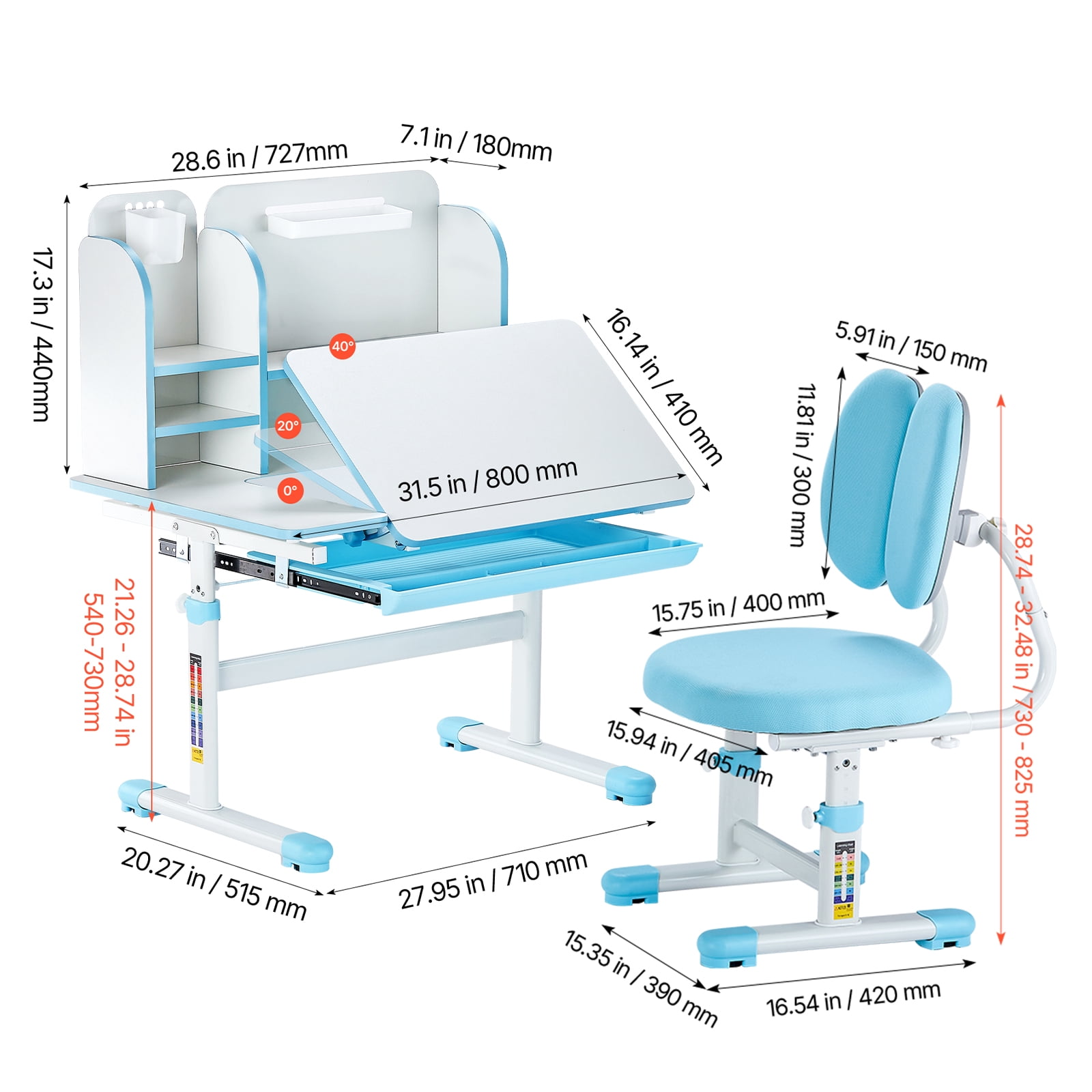 KFFKFF Children's Learning Desk and Chair, Learning Table with Bookcase ,Height Adjustable, 0-40° Tilt Desktop, Learning Station for Study, Bedroom, Blue