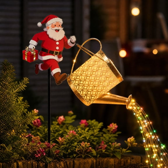 Santa Claus Watering Can Solar Lights with Led String Design, Decorative Yard Art for Garden Pathway, Christmas Outdoor Decorations