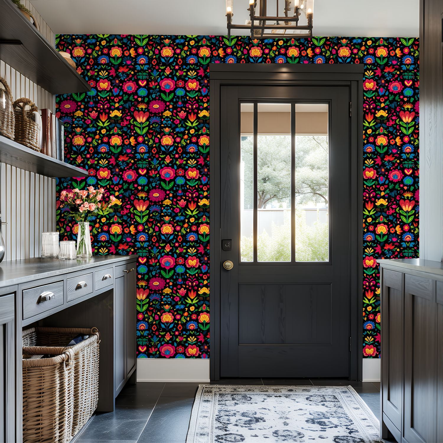 Peel and Stick Wallpaper Colorful Symmetrical Floral Folk Art Bright Flowers Wall Mural 17.7in x 9.8ft Self Adhesive Removable Wall Paper Renter Friendly Wallpaper for Nursery Bedroom Cabinets
