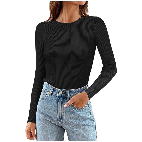 SNKSDGM Casual Easter Shirts Womens Tops Dressy Casual Summer Autumn and Winter Women's Solid Color Long Sleeved Round Neck Shirt Ribbed Knitted Slim Casual Sweater Business Casual Tops for Women