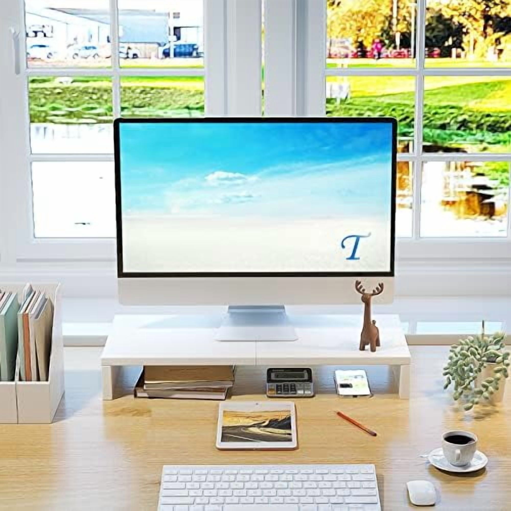 20 inch White Monitor Stand Riser, Wood Desktop Stand for PC/TV/Laptop/Printer, White Monitor Riser with Storage, Computer Stand with Keyboard Organizer