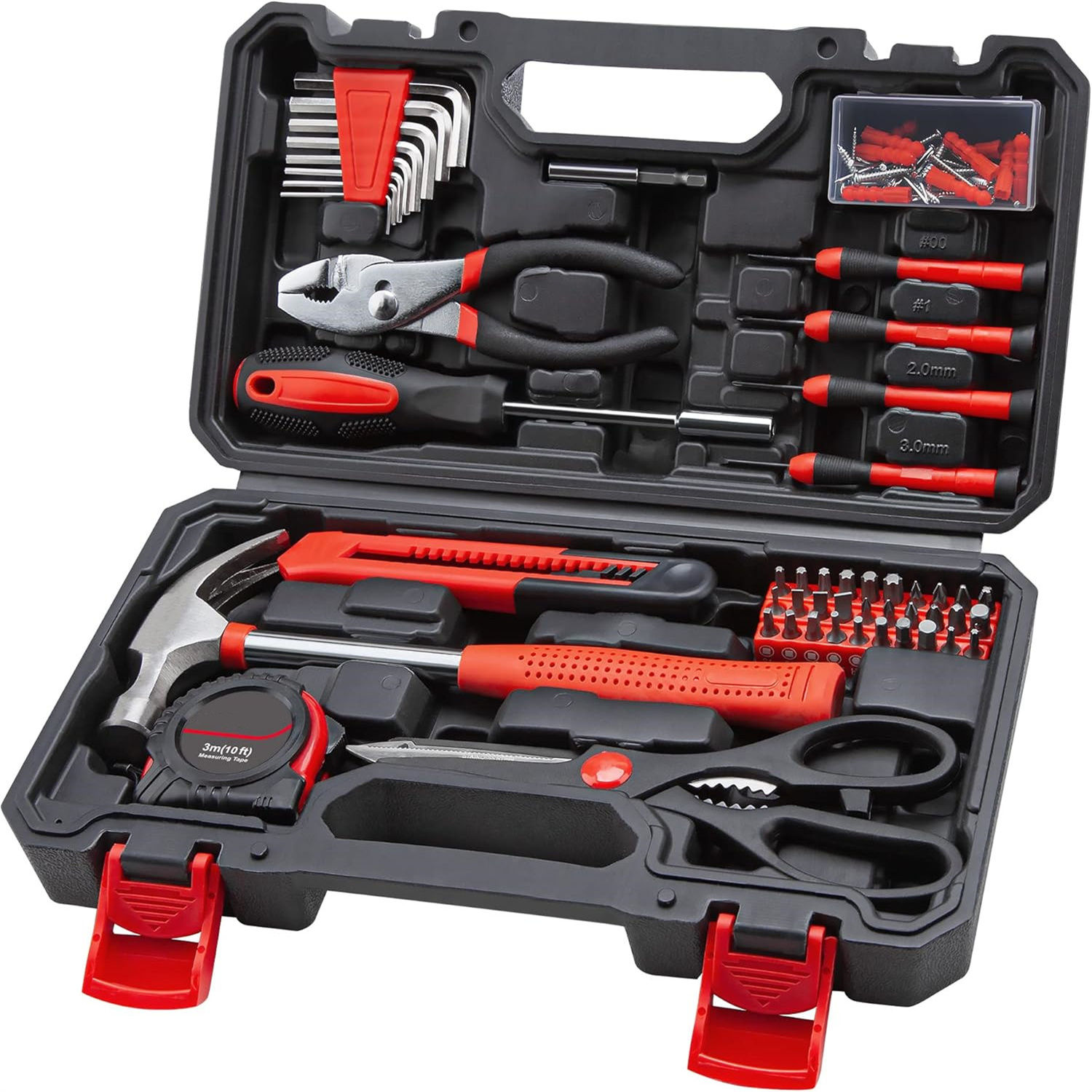 Home Tool Set Kit, Basic Household Hand Tools with Storage Case Dark Red