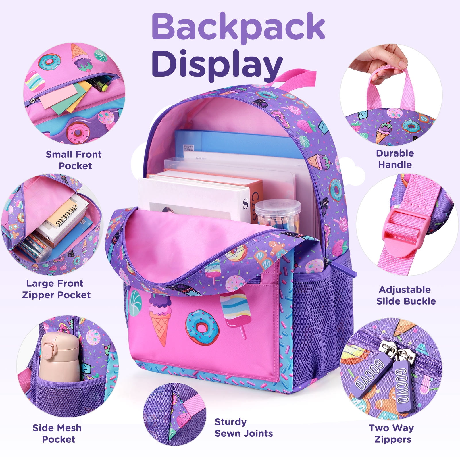 Gocvo Kids Backpack for Girls, Waterproof Teens Bookbag Cute School Backpacks, Students Bookbag Set with Lunch Box(Donut)