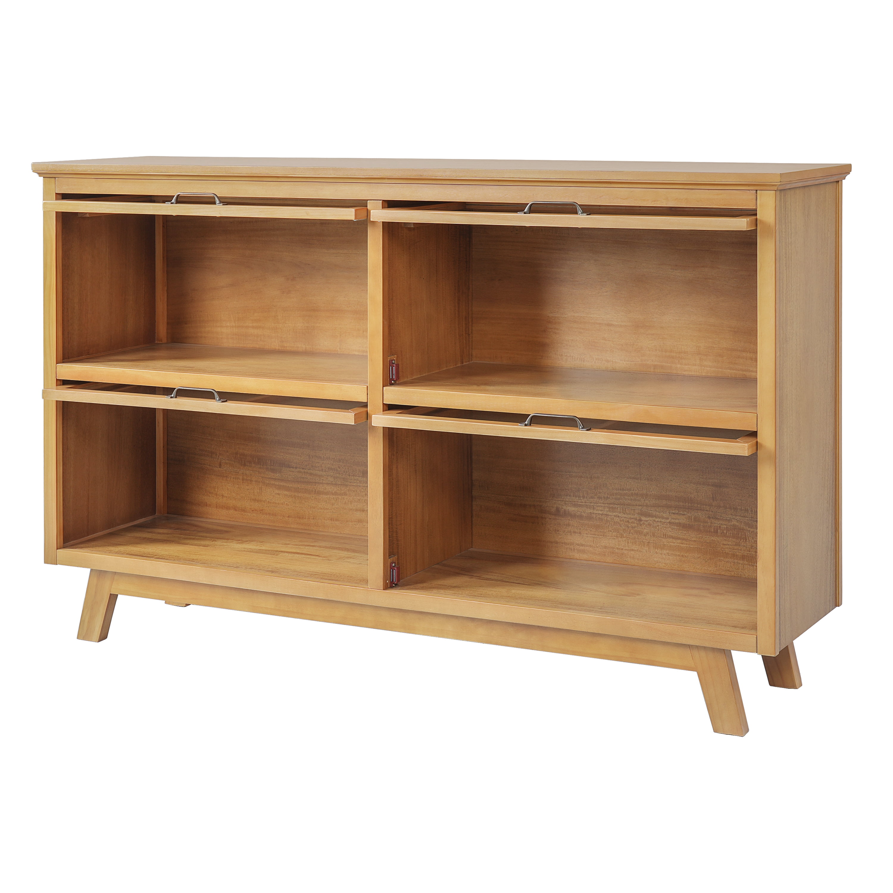 Modern Storage Cabinet with 4 Glass Doors and Wood Shelves, Display Cabinet with Antique Bronze Handles for Living Room, Natural