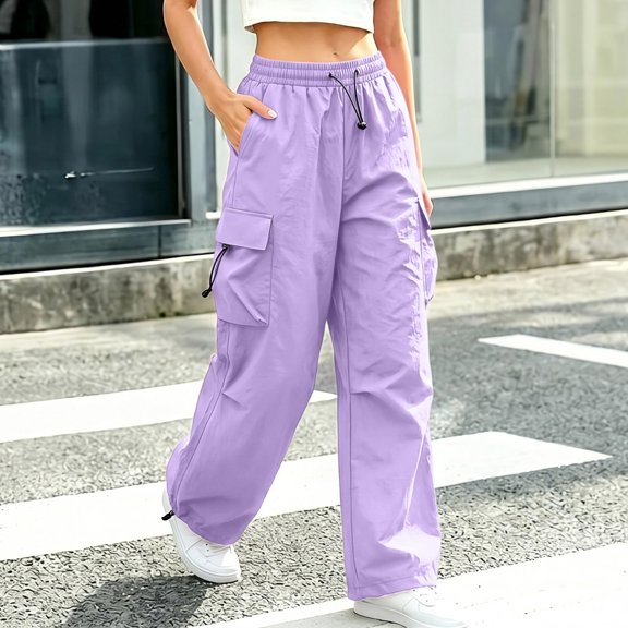 Resicozy Plus Size Cargo Pants for Women Wide Leg High Waisted Lightweight Stretchy Sweatpants with Pockets for Hiking Purple 2XL