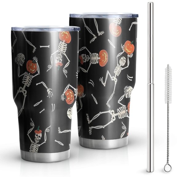 30oz Skeleton Pumpkin Halloween Pattern Tumblers Stainless Steel Tumbler with Lid and Straw,Vacuum Insulated Double Wall Travel Tumbler Cups Mug with Cleaning Brush for Coffee,Tea