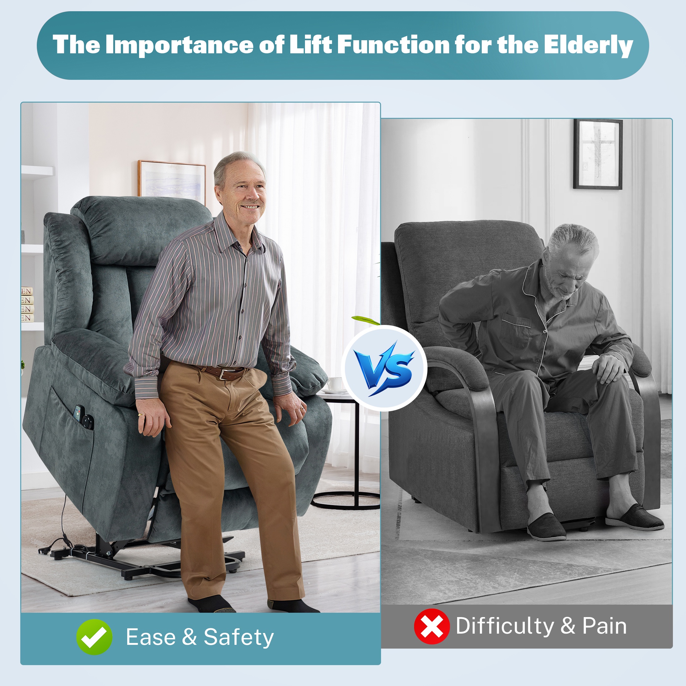Power Lift Recliner Chair with Massage and Heat Therapy, Heavy Duty Electric Recliner for Elderly with Side Pockets, for Living Room, Bedroom, Home Theater, Grayish Blue