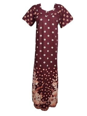 Women Maroon Nightwear Cotton Printed Sleepwear Maxi Dress, House Dress Holiday Boho Nightgown, Caftan Dress, L