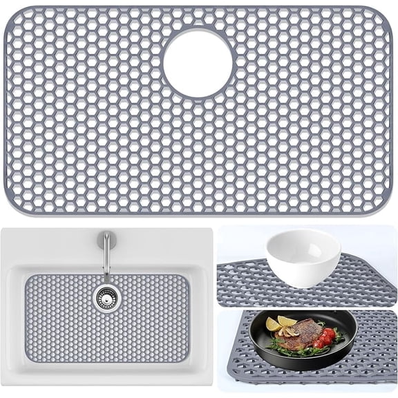 Funpisea Silicone Sink Protector Mat, 25.8"x14" Rectangular Honeycomb Sink Liner, Grey