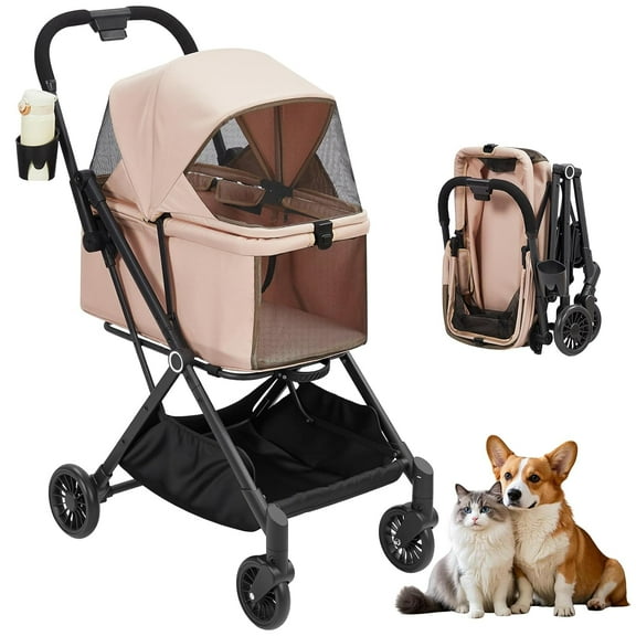 Pet Stroller for Dogs and Cats - 4 Wheels Lightweight Foldable Dog Stroller,Ideal for Small to Medium Pets - Up to 50 LBS,with 360-Degree Front Wheels & Foot Brake System，Khaki