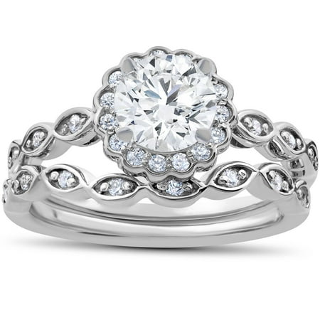 Pompeii 1 Carat D VS2 Halo Diamond Engagement Ring Set Round Cut 14K White Gold
