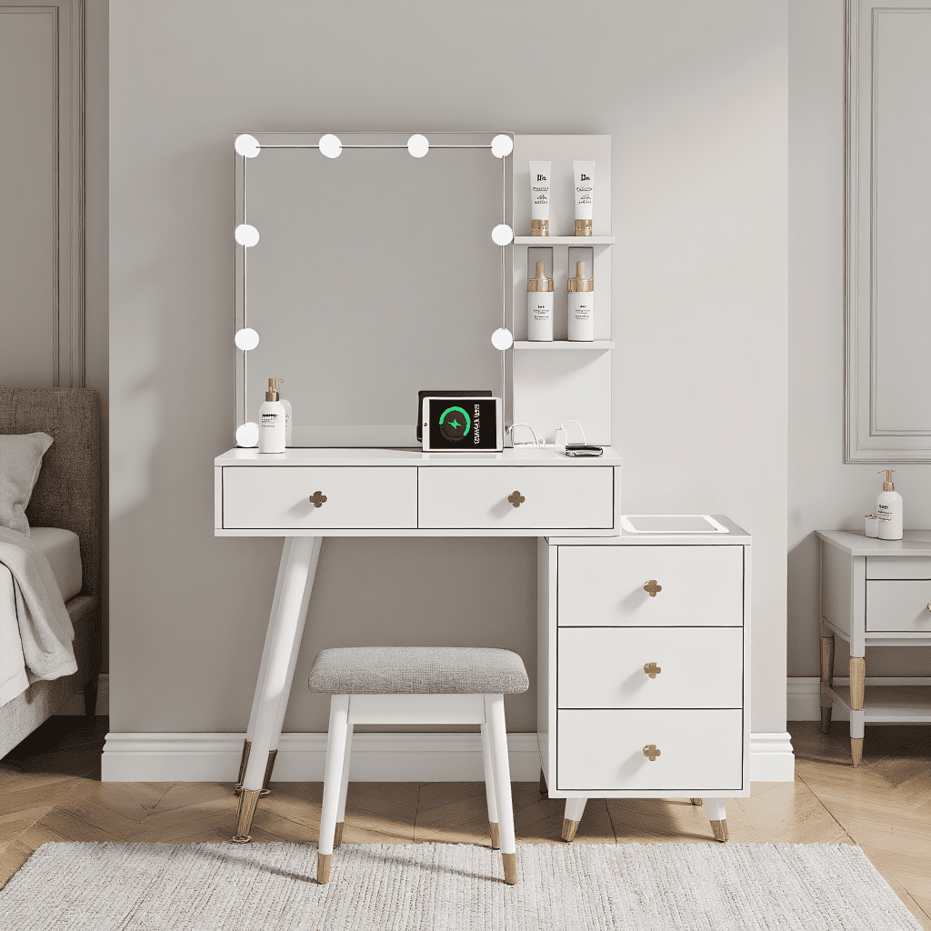 Kadyn Vanity Desk with Lighted Mirror, Vanity Table and Chair Set with 5 Drawers, Dressing Table Makeup Desk with Charging Station, White