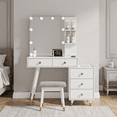 thumbnail image 2 of Kadyn Vanity Desk with Lighted Mirror, Vanity Table and Chair Set with 5 Drawers, Dressing Table Makeup Desk with Charging Station, White, 2 of 12