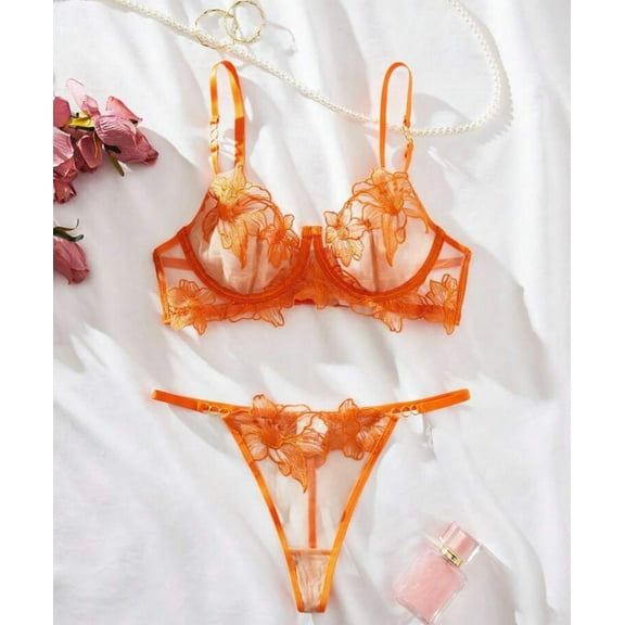 Orange Lingerie Set Embroidery Mesh Underwire