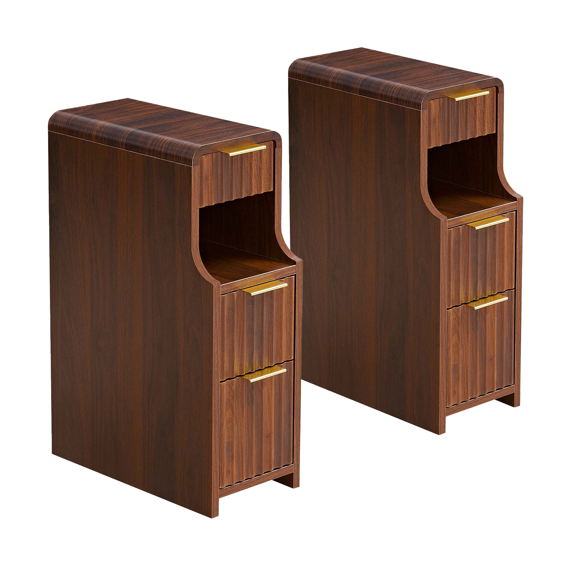 Spruce & Spring Mid-Century Modern Narrow Nightstands Set of 2 with 3 Drawers & Open Shelf for Living Room, End Table for Small Spaces, Walnut