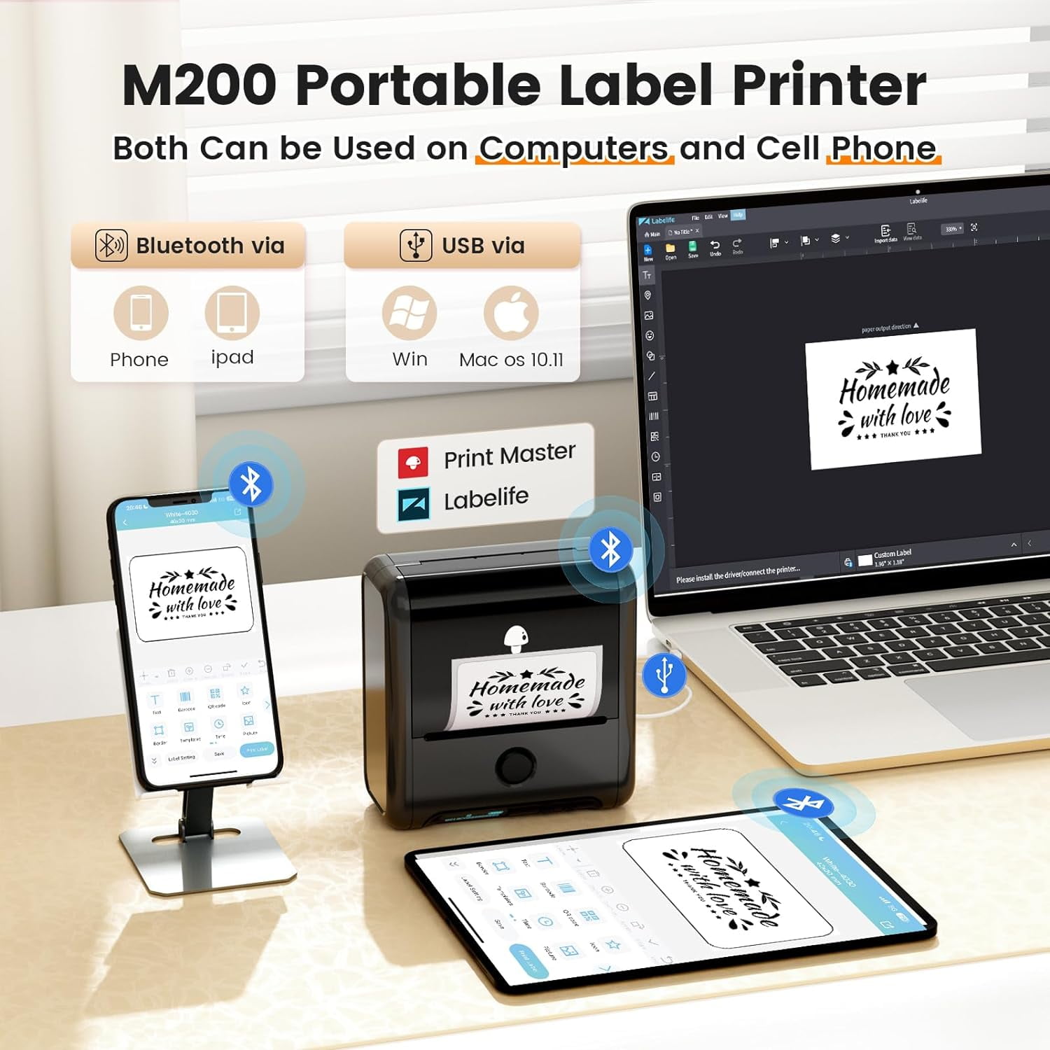 Phomemo M200 Versatile Bluetooth Thermal Label Maker for Shipping, Labeling, and Small Business Applications - Enhance Efficiency and Organization(Black)