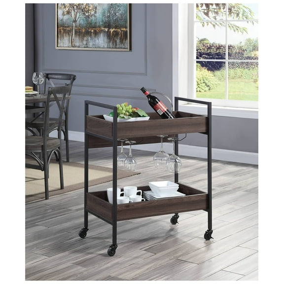 Serving Cart Walnut & Black, 2 Tier Metal Utility Cart with Cup Holder - KD Kitchen Serving Table with Wooden Top & Powder Coated Frame Black,Walnut   Metal,Synthetic Wood