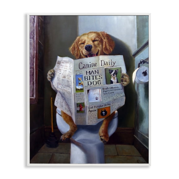 Stupell Industries Eclectic Dog Reading Newspaper On Toilet White Framed Giclee Art, 16 x 20, by Lucia Heffernan