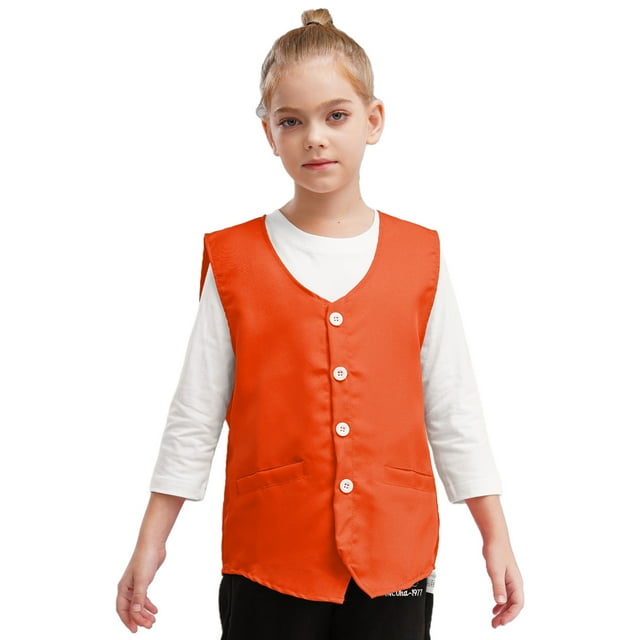 renvena Kids Button Volunteer Activity Vest Button Up Irregular Hem Waistcoat Sleeveless Waiter Orange M/11