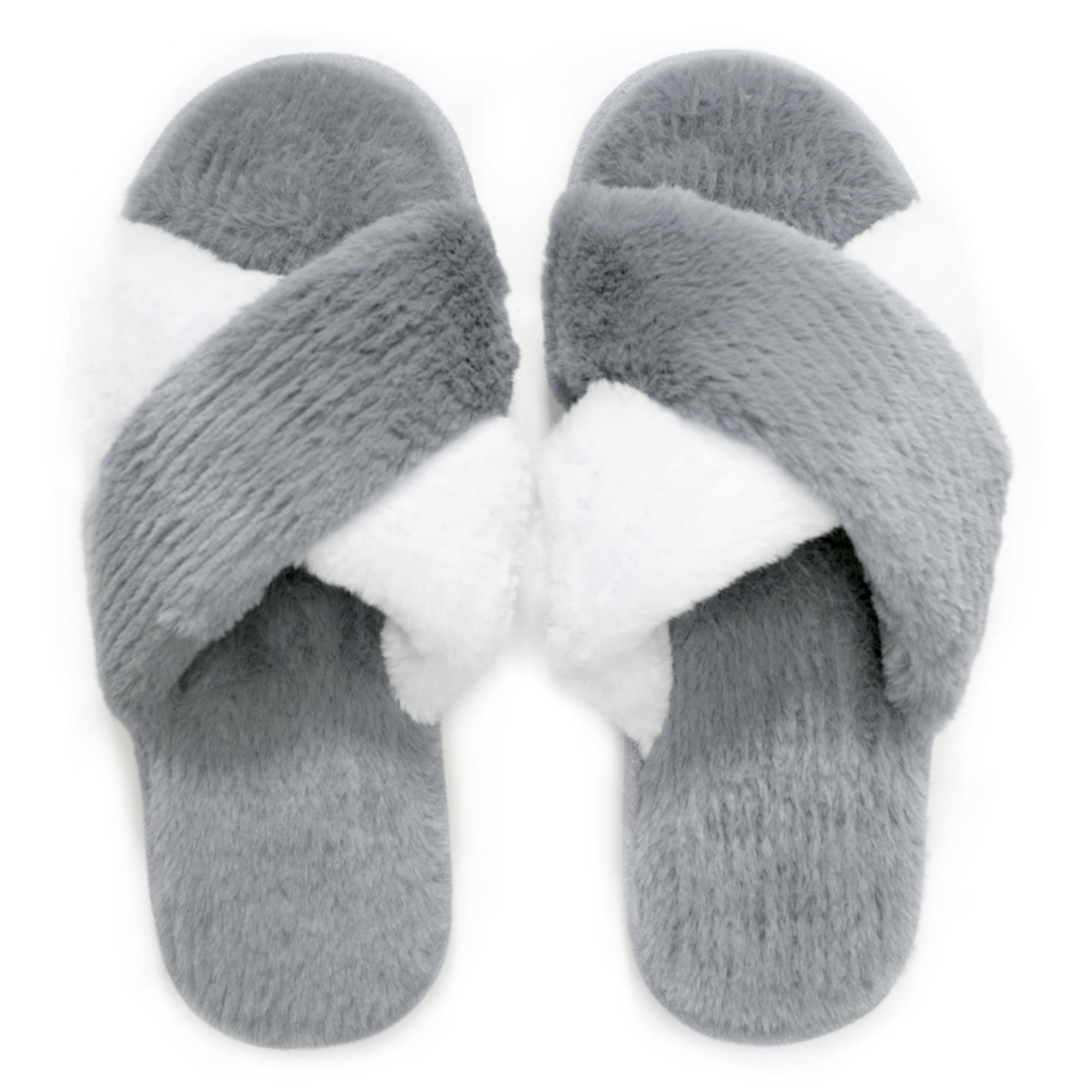 DL Womens Cross Band Soft Plush Slippers Furry Fleece Slip on Slippers Open Toe House Shoes Slides for Indoor Outdoor 