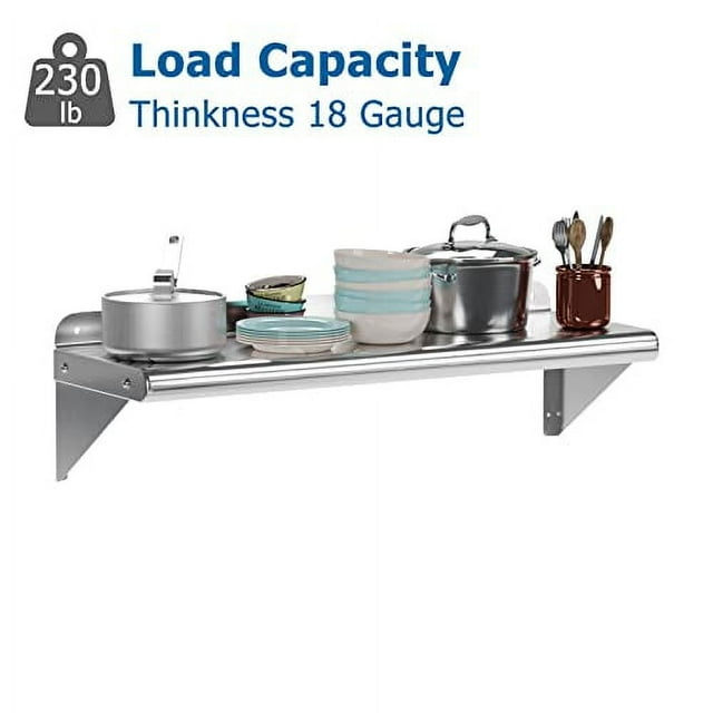 Stainless Steel Shelf , 260 lb Commercial Metal Wall Mount Shelf with Backplash for Restaurant, Laundry Room, Kitchen and Garage